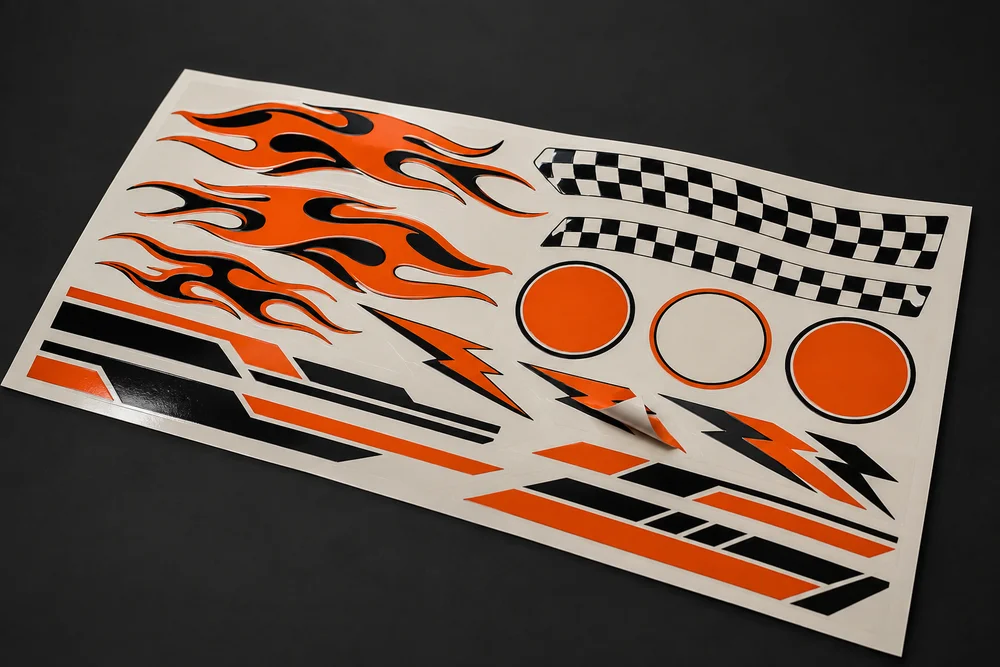 AI-generated concept of a contour-cut racing decal sheet, shown for design inspiration