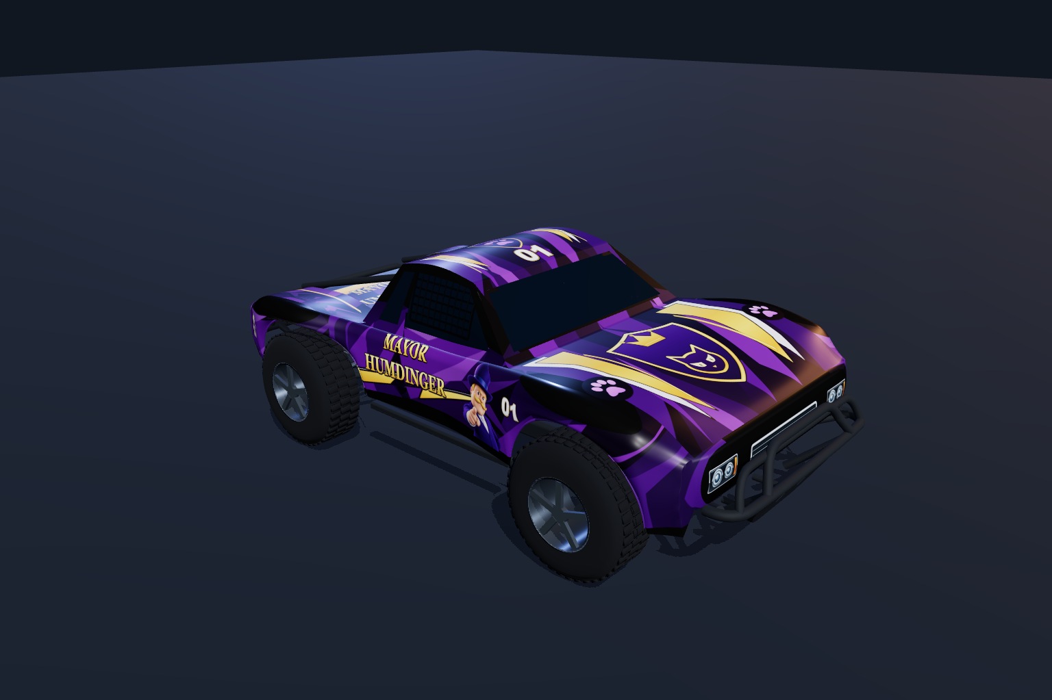 Exact Humdinger Traxxas Slash 4×4 3D reference with 62 decals, Front left 3/4 view, sent to create the studio shoot image