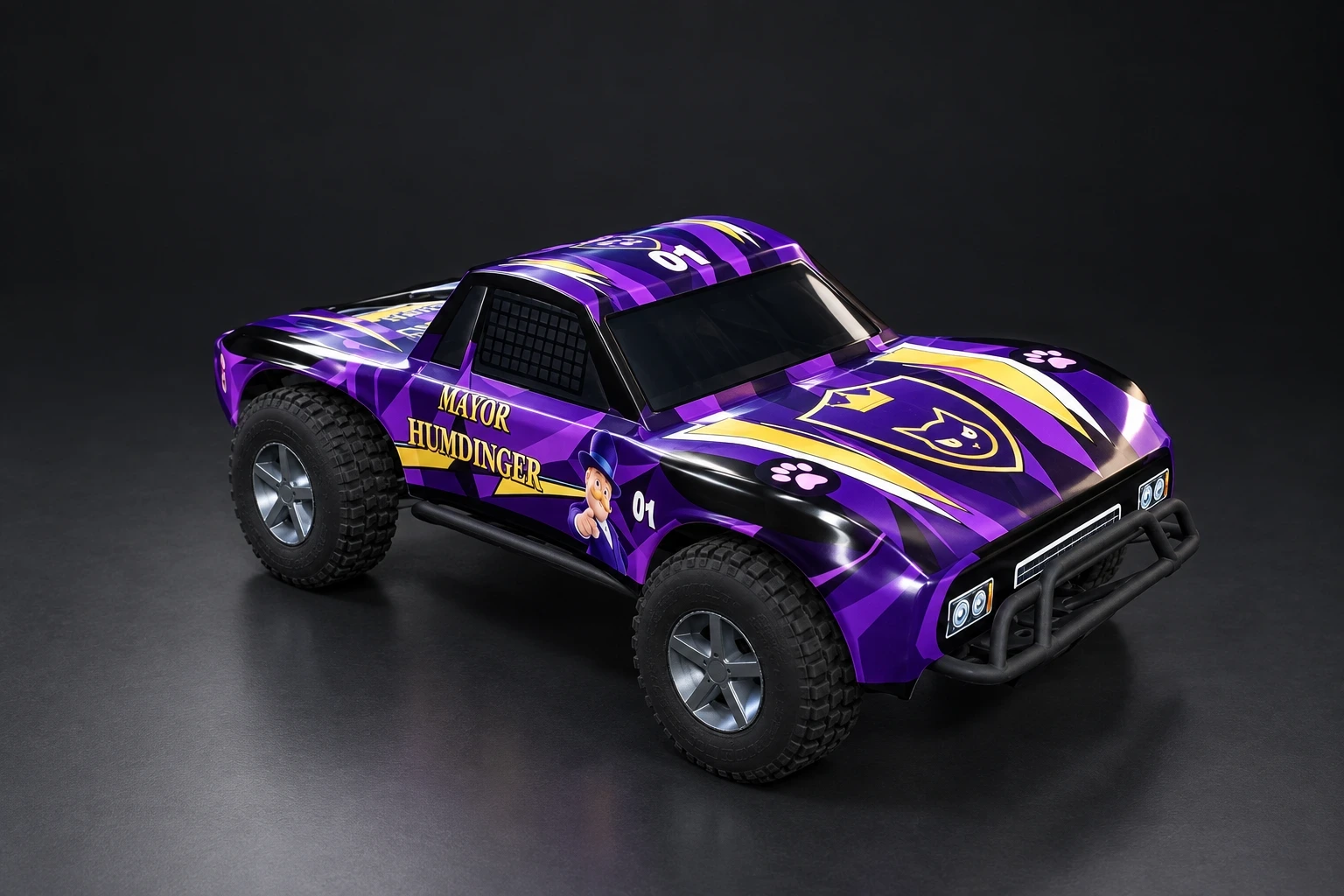 AI photograph of the Humdinger Traxxas Slash 4×4, studio shoot, Front left 3/4 view